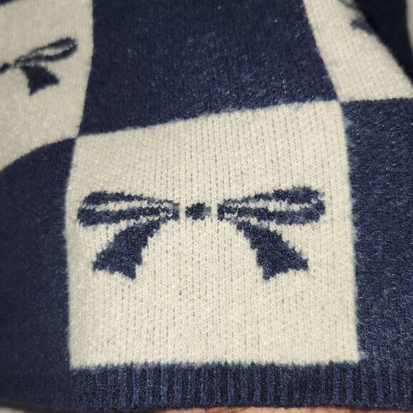 Sincerely Jules Women's Size Large Navy Blue White Bow Print Cropped Sweater - Picture 4 of 10